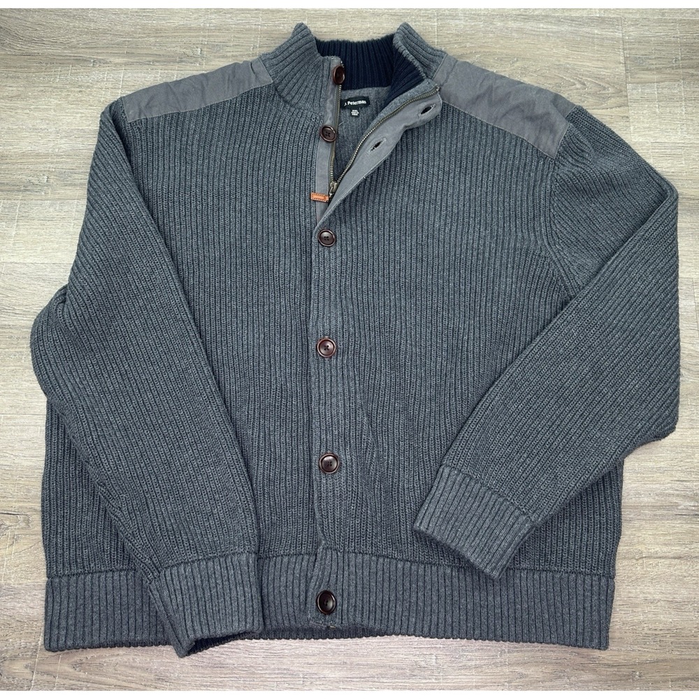 J. Peterman Mens Sweater Knit Cardigan Gray Full Zip Button XXL Classic Ribbed